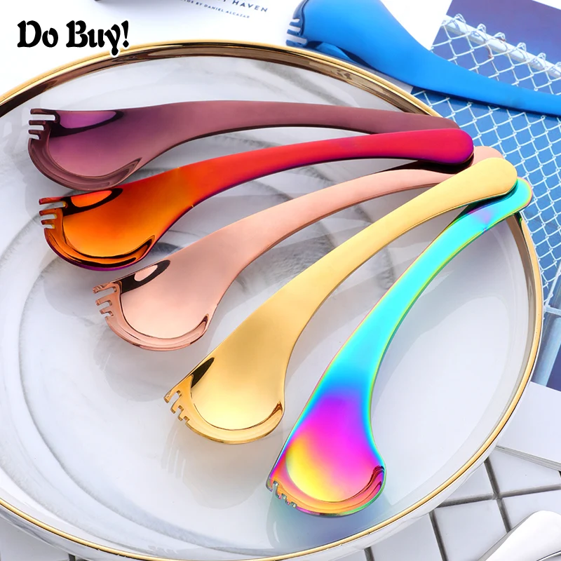 

DO BUY 1PC Fruit Spoon Fork Creative Curve 2in1 Multi-function Salad Scoop Mirror Polish Yogurt Dinnerware Fruite Utensil
