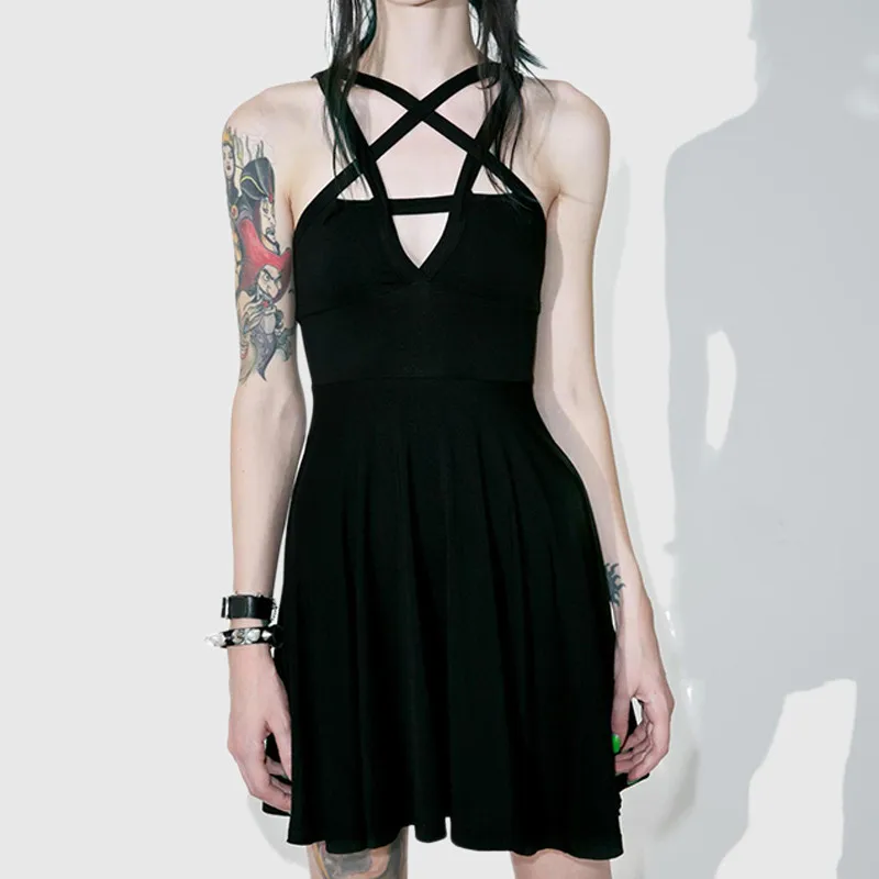 Offerte 2019 Sexy di Estate Delle Donne Mini Vestito Sottile Nero Pentagram Donne Goth Vestito Sexy Vestito Da Modo