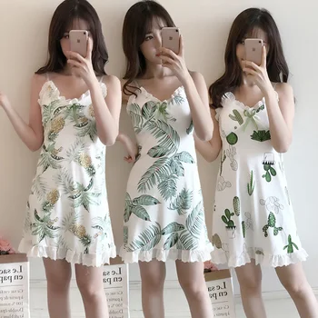 

Sexy Lingerie Lace Spaghetti Strap Nightgown for Women 2019 Summer Home Dress Sleepwear Girl Floral Print Nightdress Night Dress