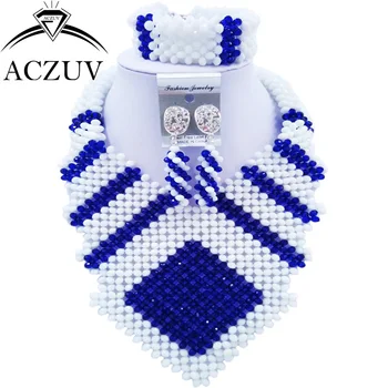 

ACZUV Latest Royal Blue and White Wedding Bridal Jewelry Sets for Women Nigerian Necklace CFKK007