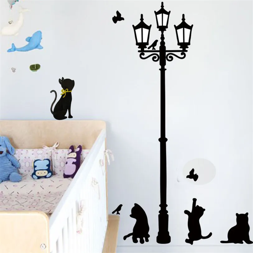 Matériel de bricolage Rouleaux de papier peint Lampadaire de chats oiseaux mur Stickers Art Stickers murale papier peint Decor Accueil bricolage