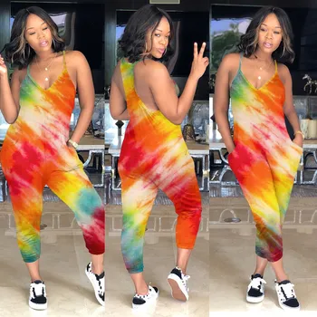 

3XL Punk V Neck Spaghetti Strap Loose Jumpsuit Women Harem One Piece Rompers Sleeveless Long Pants Casual Jumpsuit