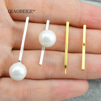 

QIAOBEIGE freshwater pearl earrings 925 Sterling silver pearl jewelry mounting Straight Stick design round bead accessory blank