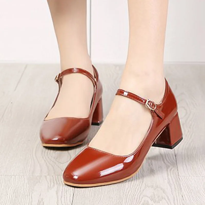 

2019 New Women Dress Shoes Medium Heels Mary Janes Shoes Patent Leather Pumps Ankle Strap Ladies Shoe Office Zapatos Mujer E875