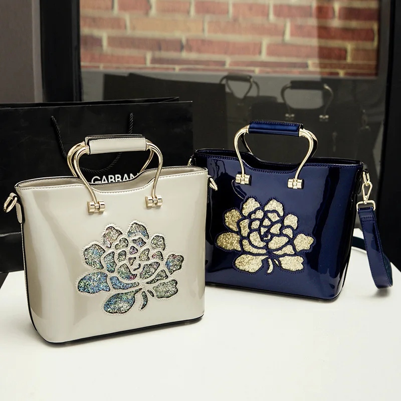 

patent leather Flowers Embroidery glossy surface women luxury style Evening Bag handbag Ladies Tote simple shoulder Bag