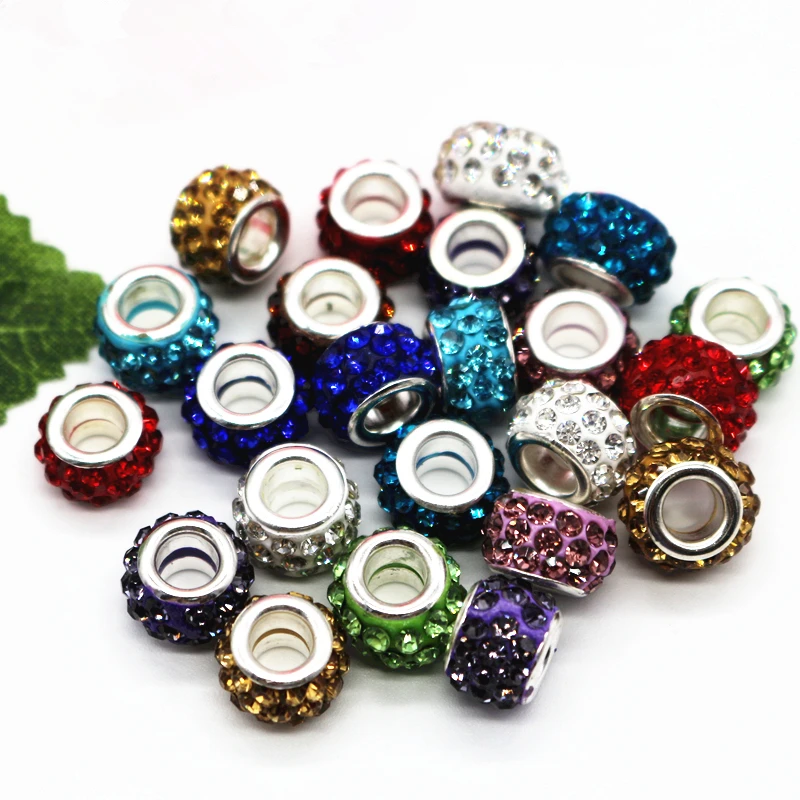 12mm Silver Color Cord Big Hole With Rhinestone Loose Beads Fit European Jewelry Bracelet Charms DIY 100pcs/lot | Украшения и