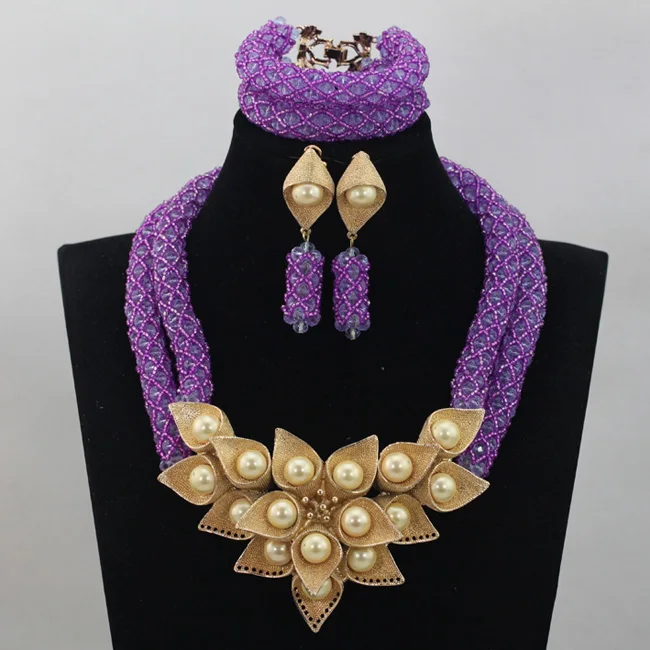 Lilac Purple Wedding Beads Nigerian Jewelry Set Gold Pendant