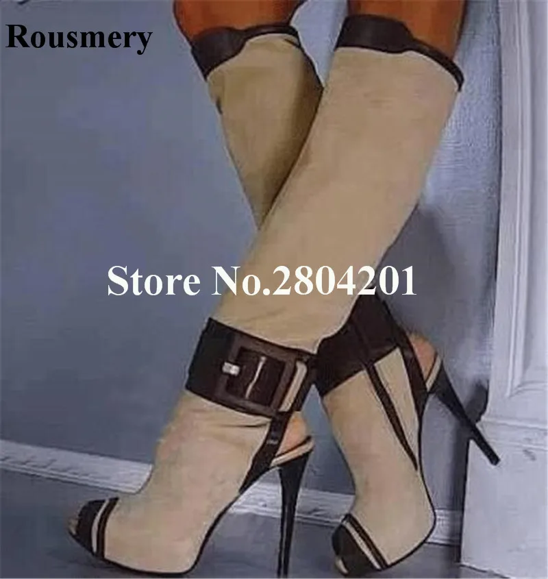 

Fashion Knee High Boots Slingback Single Strap Peep Toe Stiletto Patchwork Mixed Colors High Heels Long Boots Gladiator Shoes