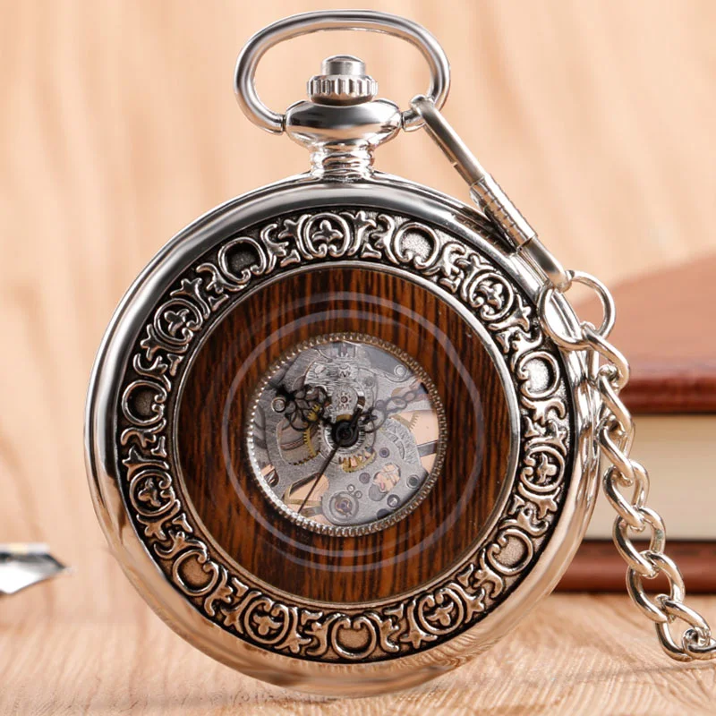 Classic Stainless Steel Mechanical Pocket Watch Imitation Wood Silver