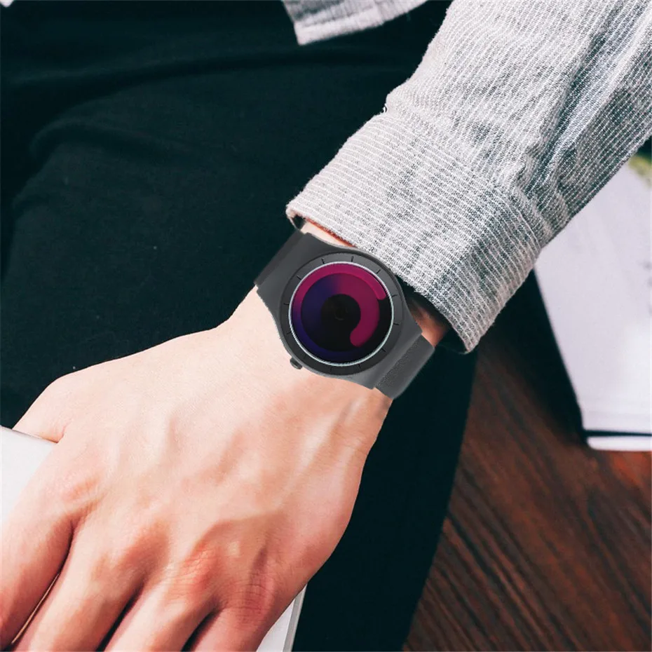 Fashion Mens Watch Leather Analog Quartz Sport Wristwatch Creative Cool Blue Ocean Steel Clock Relogio Masculino Spiral Turntable Swirl Hour Clock Female (37)