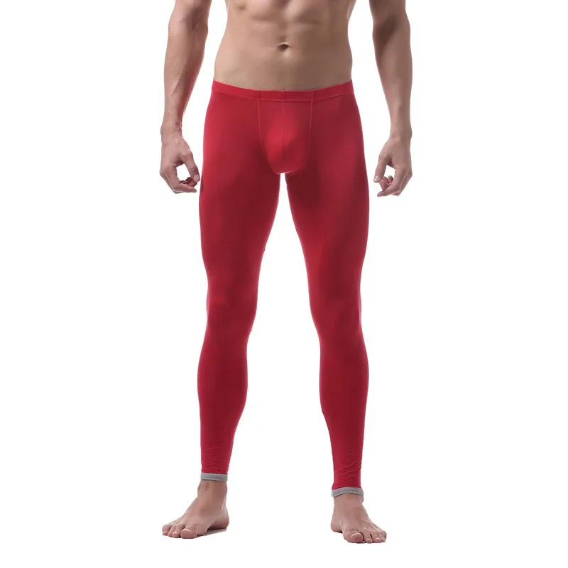 Мужское шелковое термобелье, мужские кальсоны, эластичные, шелковистые, прозрачная одежда для сна, леггинсы, одноцветные, домашние штаны - Цвет: red