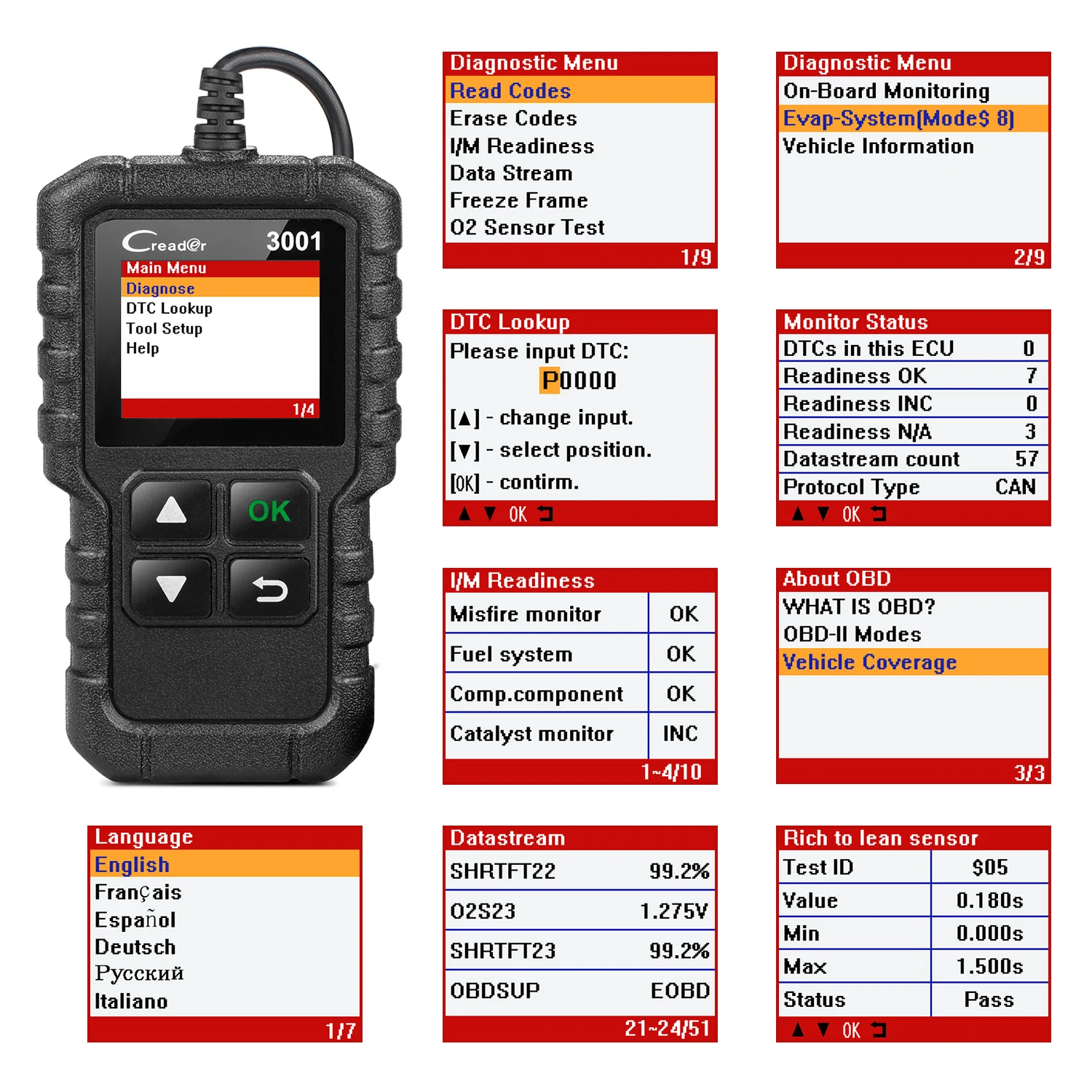 Запуск полный OBD2 Code Reader Сканер Creader 3001 OBDII/EOBD автомобиля диагностический инструмент в русский CR3001 pk AL319 AL519 OM123