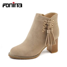 

FONIRRA Fringe Autumn Flock Women Boots Warm Block Heel Outdoor Ankle Boots Retro Casual Shoes Round Toe Winter Botas Mujer 015