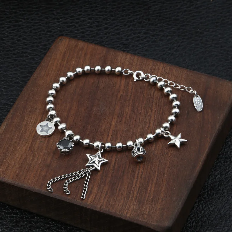 

S925 Silver Jewelry Individual Thai Silver Fashion Bracelet Multicomponent Pentagon Ball Silver Chain Women's Bracelet