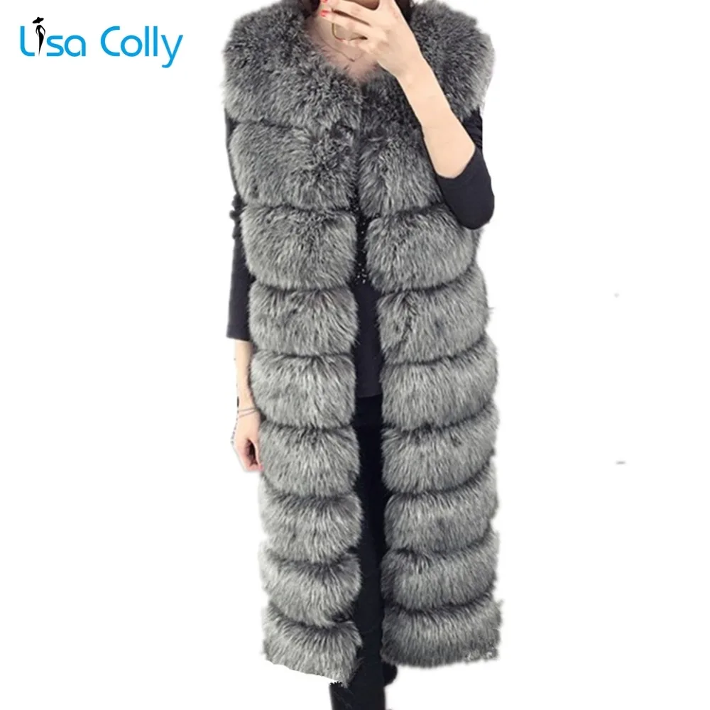 Lisa Colly Women Long Fur Vest Winter Coat Jackets Women Luxury Faux Fox Fur Vest Faux Fur Coat