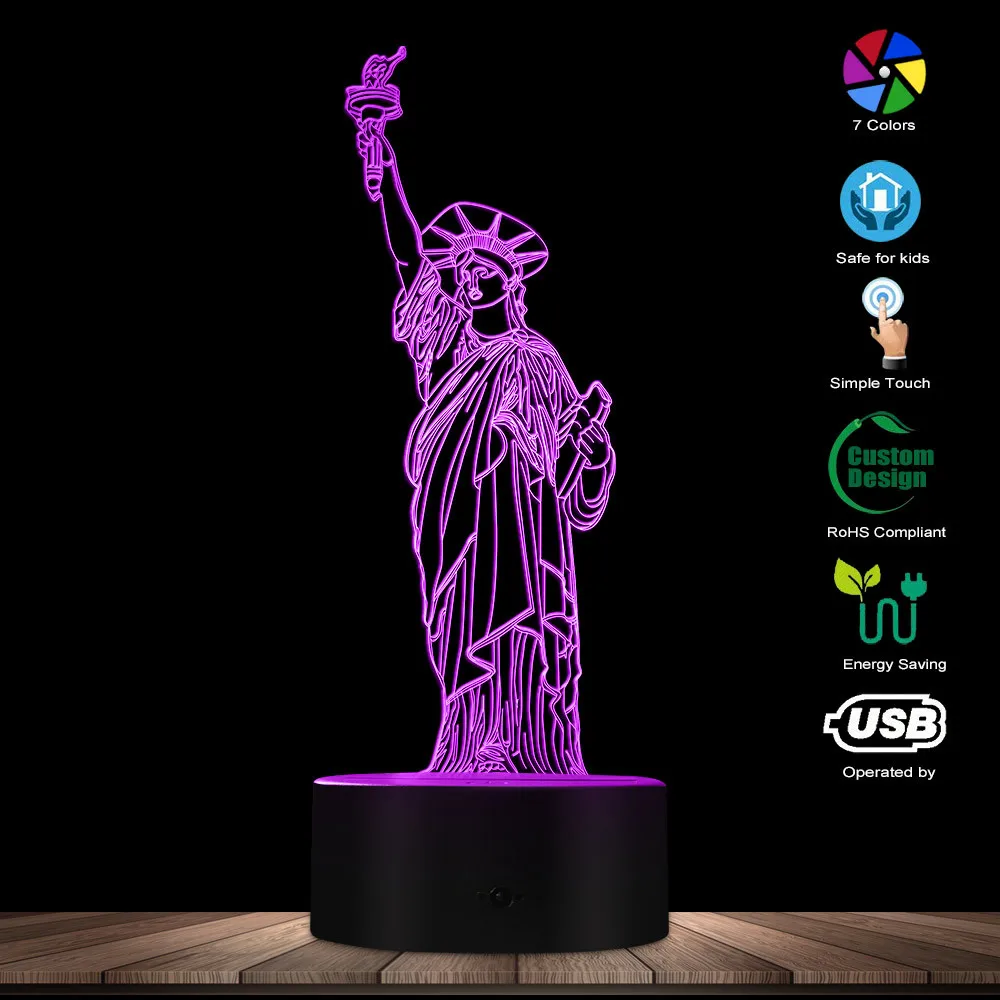 Modern New York City Statue Of Liberty 3D Optical illusion Table Night Light NYC Themed LED Desk Lamp American Values Mood | Лампы и