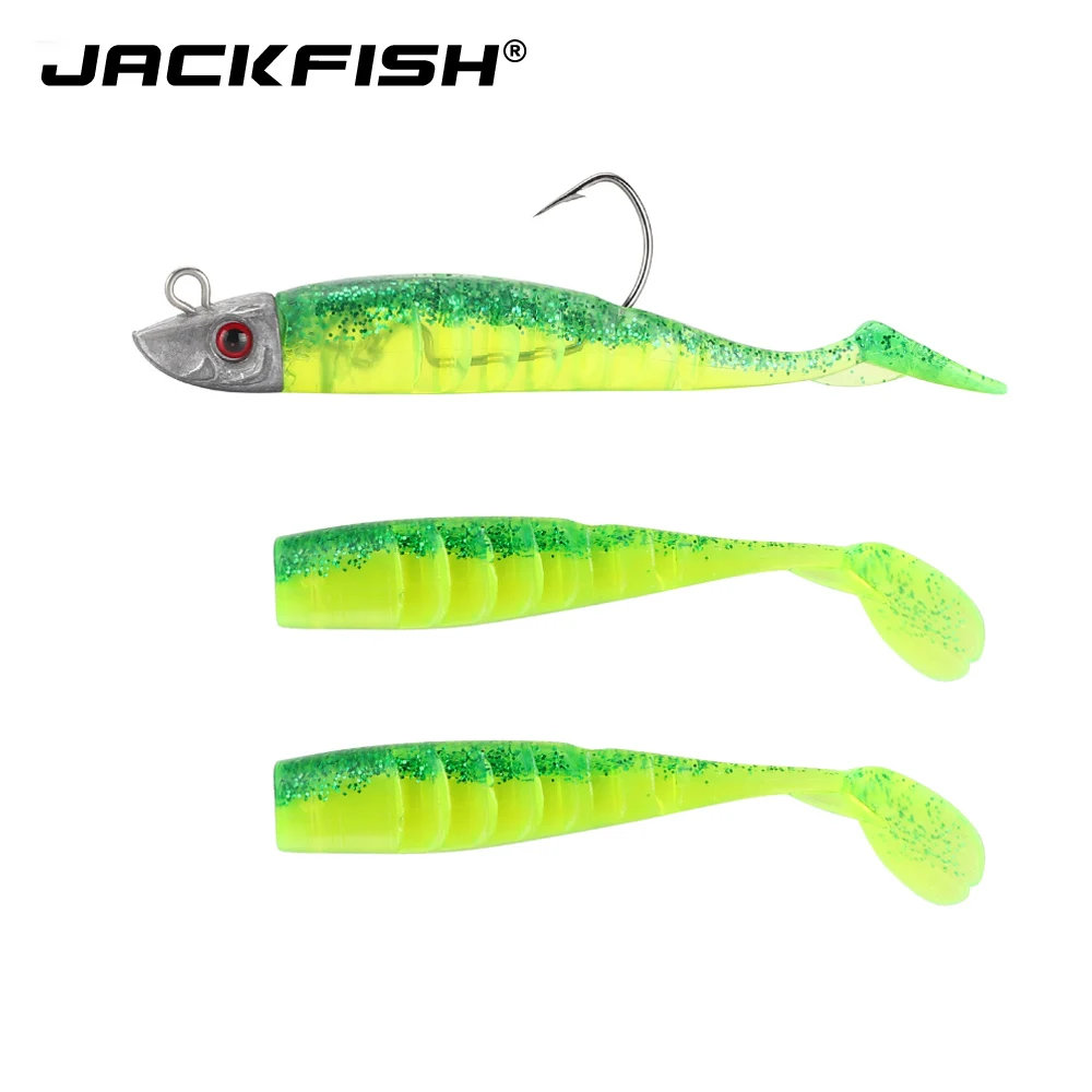JACKFISH Jig Head T Tail Soft Fishing Lure 3PCS/10.5cm/15g Soft bait with Grankhook Swimbait fishing Tackle Pesca jigging lure