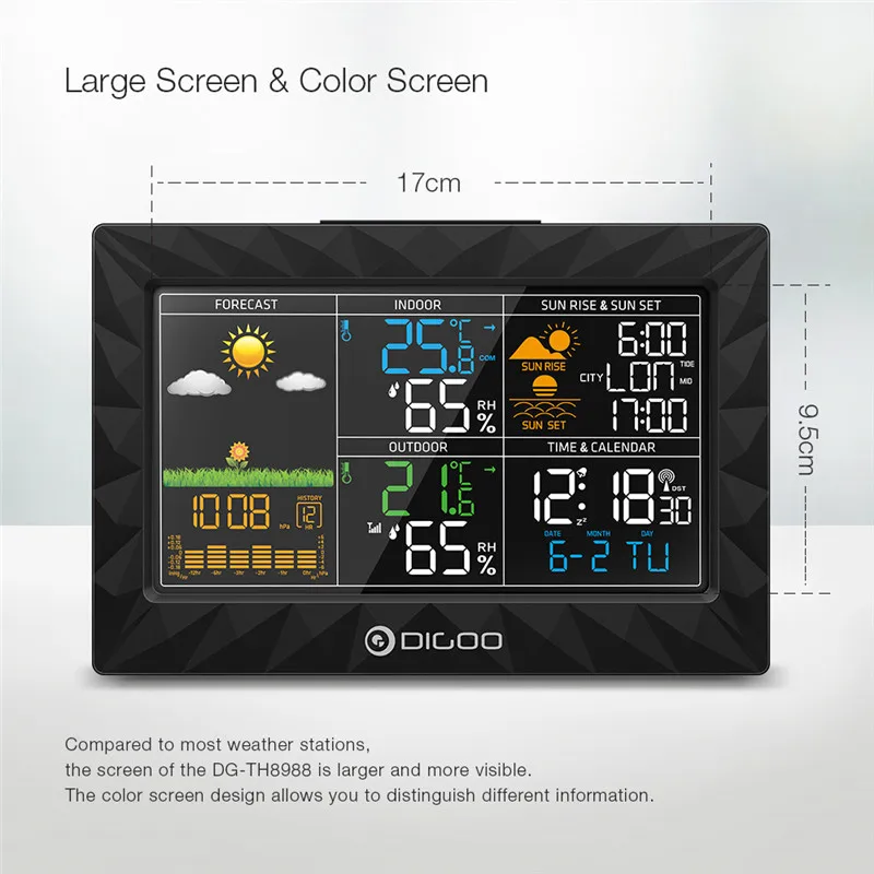 DIGOO DG-TH8988 ЖК-дисплей цвет Крытый Открытый Метеостанция+ Дистанционный датчик термометр Повтор часы рассвет закат дисплей
