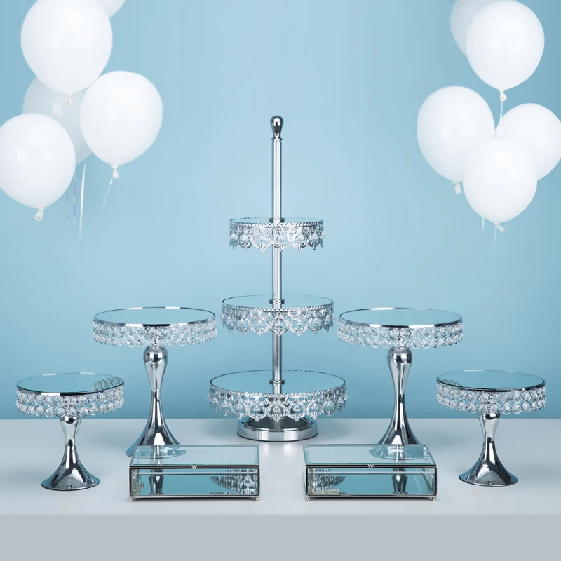 Великолепная с украшением в виде кристаллов Серебристые стенд кекса зеркало 2/3 ярусов Instagram для десерт на вечеринку, свадьбу стола для торта инструменты для украшения торта - Цвет: 7pcs silver