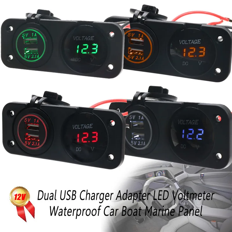 

12V LED Digital Voltmeter+Dual USB Power Socket Panel 2.1A/1A USB Charger For Car Boat Motorcycle White/Green/Red/Orange Red