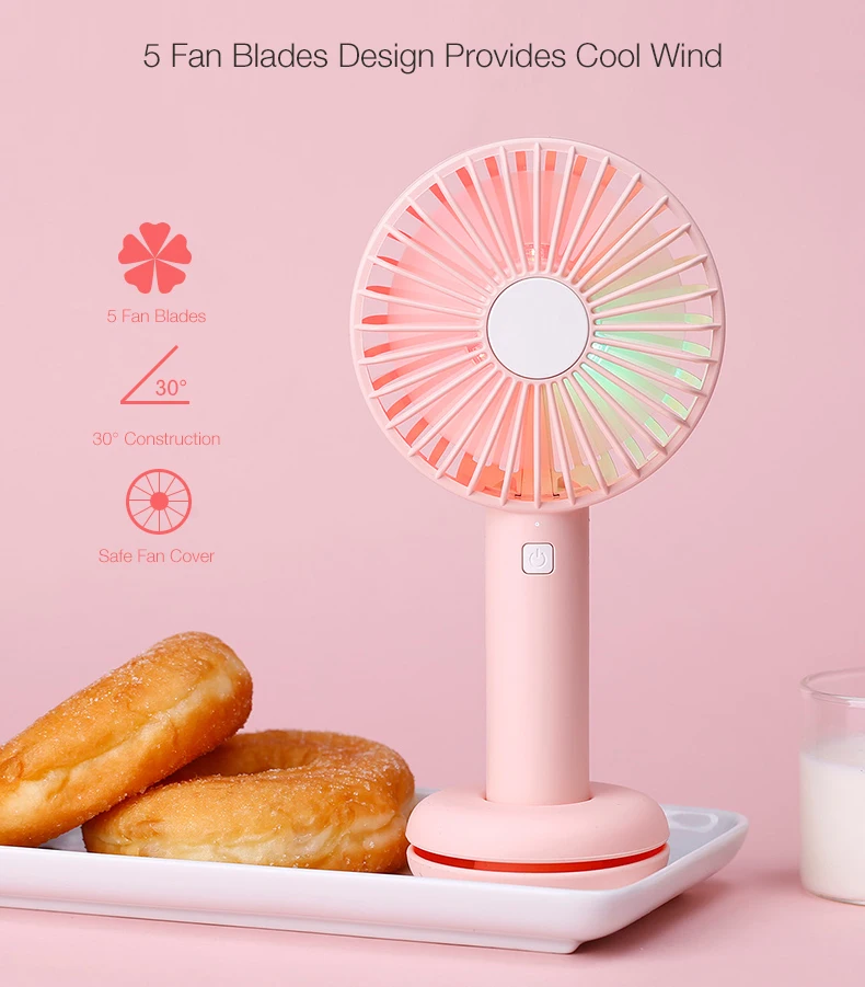 Loskii HF-202 Portable Desktop Handheld Doughnut Design Base LED Night Light USB Rechargeable 3 Grade Adjustment Fan