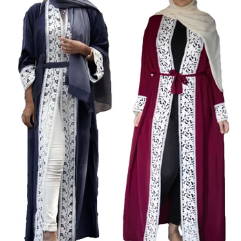 

Women Cardigan Muslim Long Sleeve Dress Islamic Abaya Arab Fashion Casual Loose Dress Jilbab Vintage Maxi Clothing Lace Side Bel