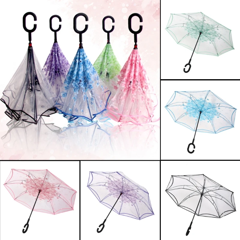 

C-Handle Reverse Cherry Blossoms Waterproof Umbrella Double Layer Inverted