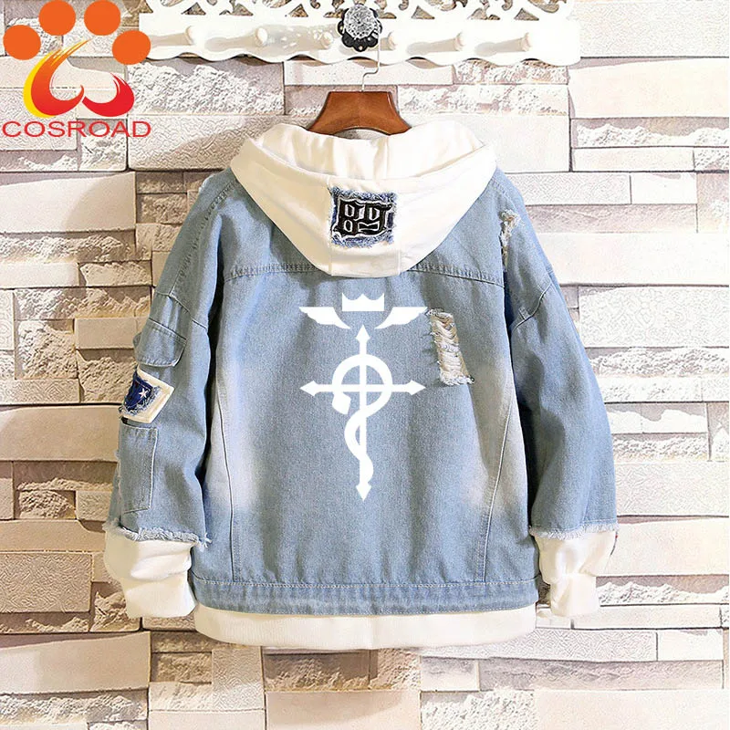 Cosroad Fullmetal Alchemist Cosplay Denim Jacket Edward Elric Costume Hoodie Men Women Halloween Hooded Jeans Coats