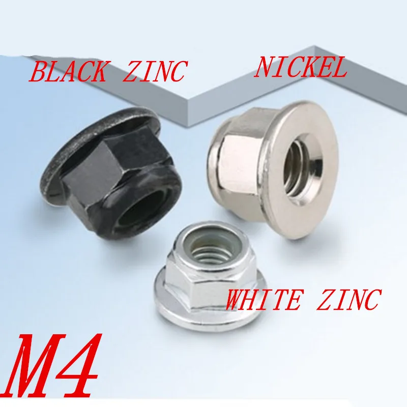 100pcs/lot DIN6923 M4 Hex Flange Nylon Lock Nut Steel with black zinc