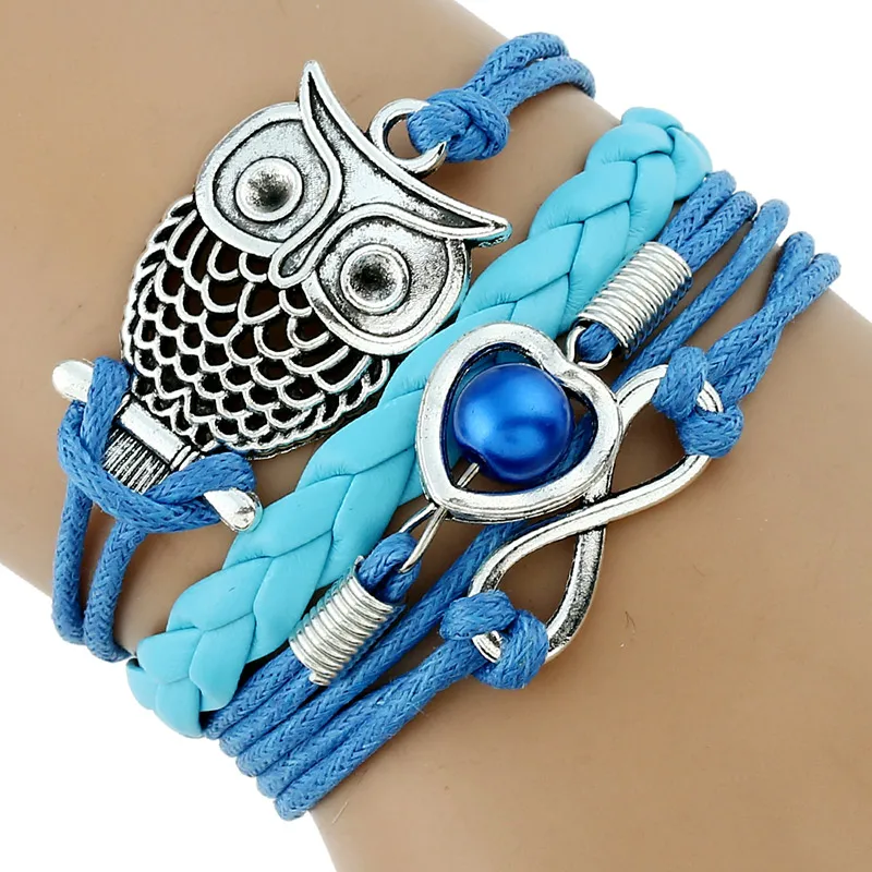 

Gnova Classic Women Blue Leather Bracelet Owl Charms Paracord For Girls Teen