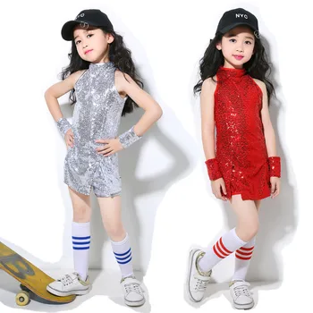 

Hip Hop Street Shiny Sequins Jazz Dance Set Girls Red Sliver Sleeveless Cheerleading Costumes Kid Modern Party Dancing Clothing