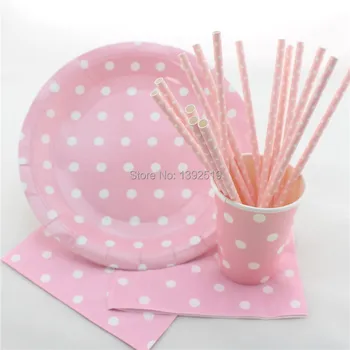 

Wholesale Price 100sets/416pcs Baby Pink Color with White Dot Party Tableware Polka Dot 6 Colors Straws Plates Cups Napkins