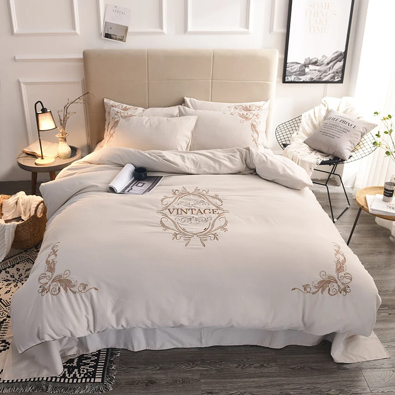 Rice Yellow/Gray Sanding Cotton Embroidery Bedding Set Duvet Cover Bed