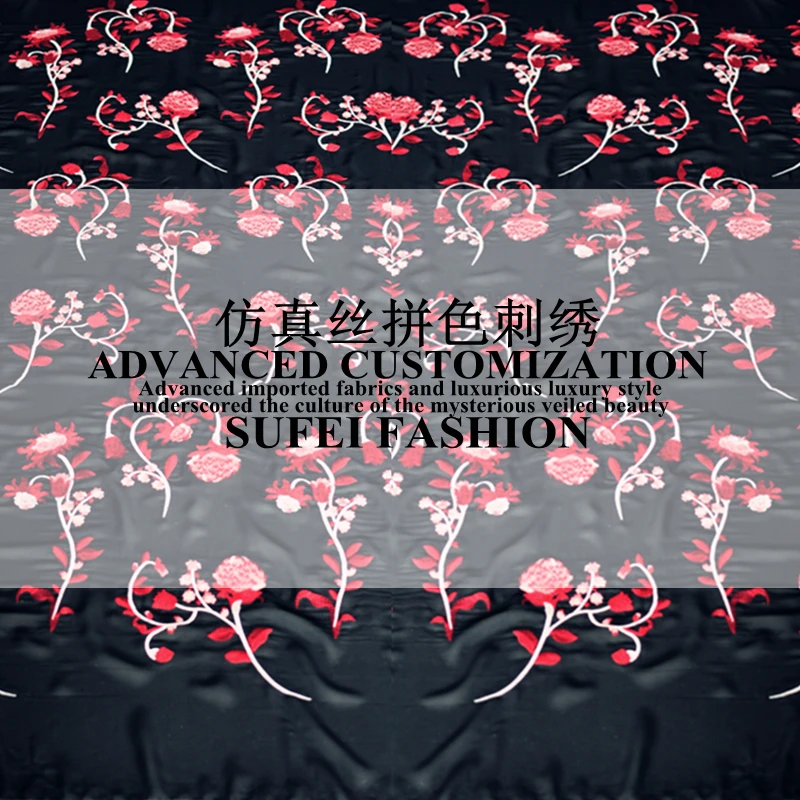 

130cm wide red embroideried black chiffon lace wedding dress cheongsam fabric S120