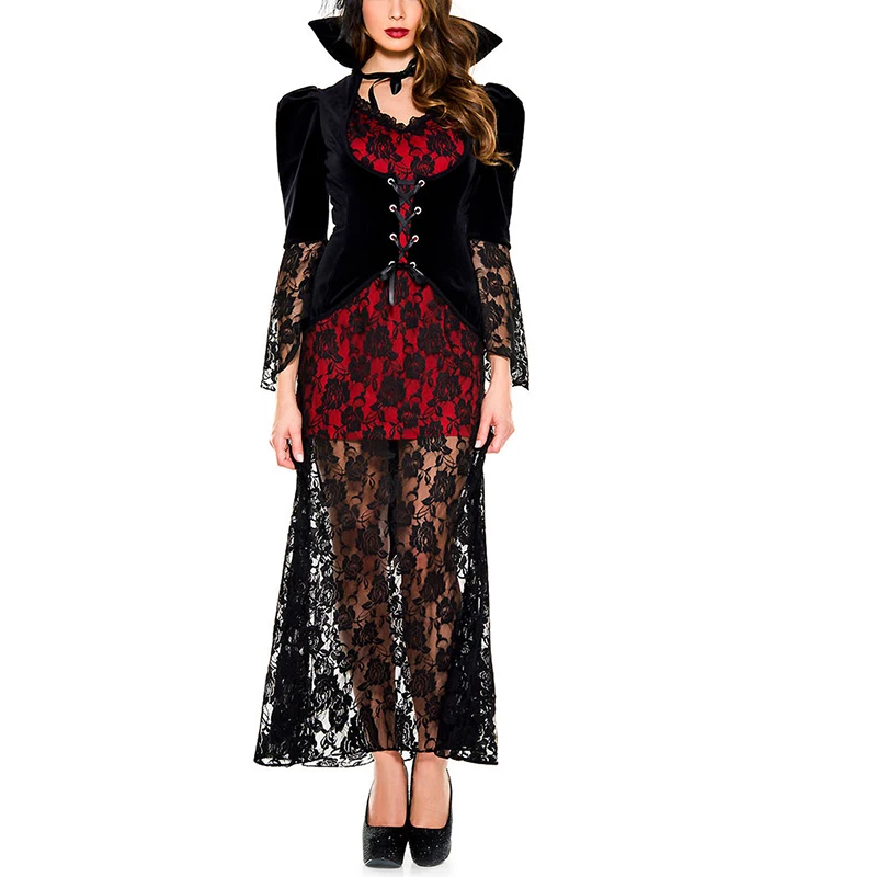 

Adult Gothic Vampire Queen Cosplay Costumes Lace Long Dress Halloween Vampire Outfit Women queen Role-Playing masquerade Fany Dr