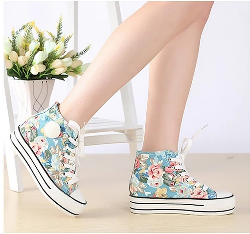 Print pattern canvas shoes female summer breathable high round toe white belt decorative |