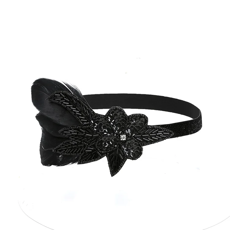Винтажная повязка на голову с перьями, головной убор 1920 s, бежевый, черный бриллиант, повязка на голову для карнавала, вечерние украшения