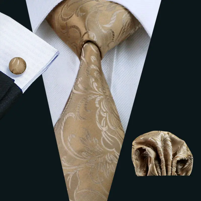 

LS-309 Hot Men`s Tie Goldenrod Floral Classic 100% Silk Jacquard Woven Tie Hanky Cufflink Set For Formal Wedding Party Business
