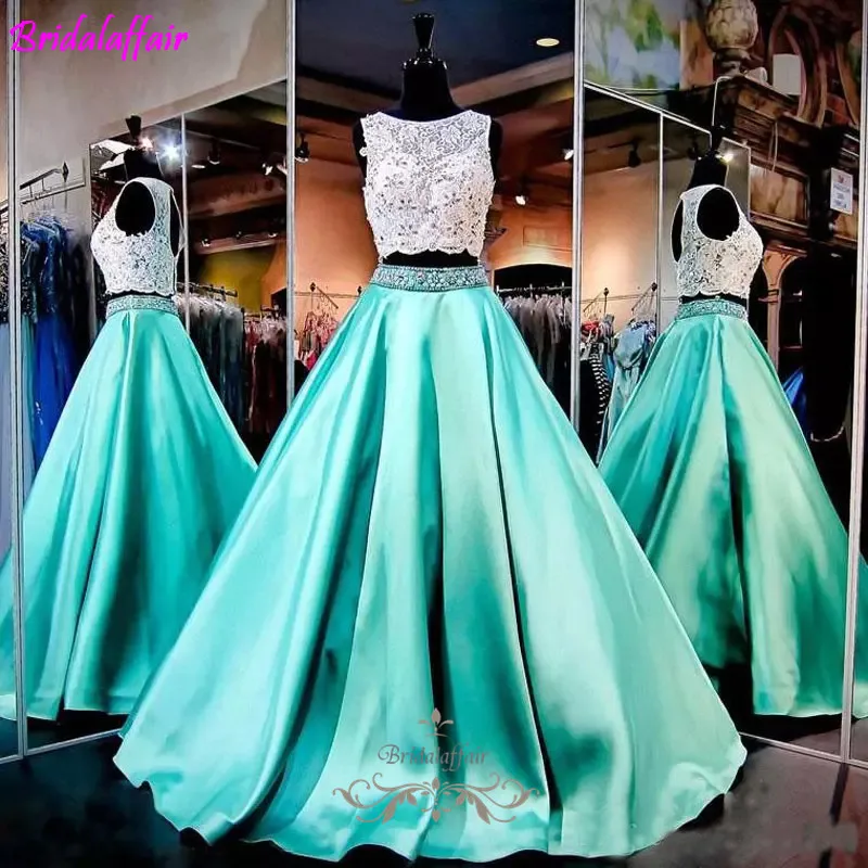 

Two Pieces Evening Dress Lace Crystal Party Gown 2018 Prom Dresses Plus Formal Women Long Dress Evening Floor-Length Satin Dress