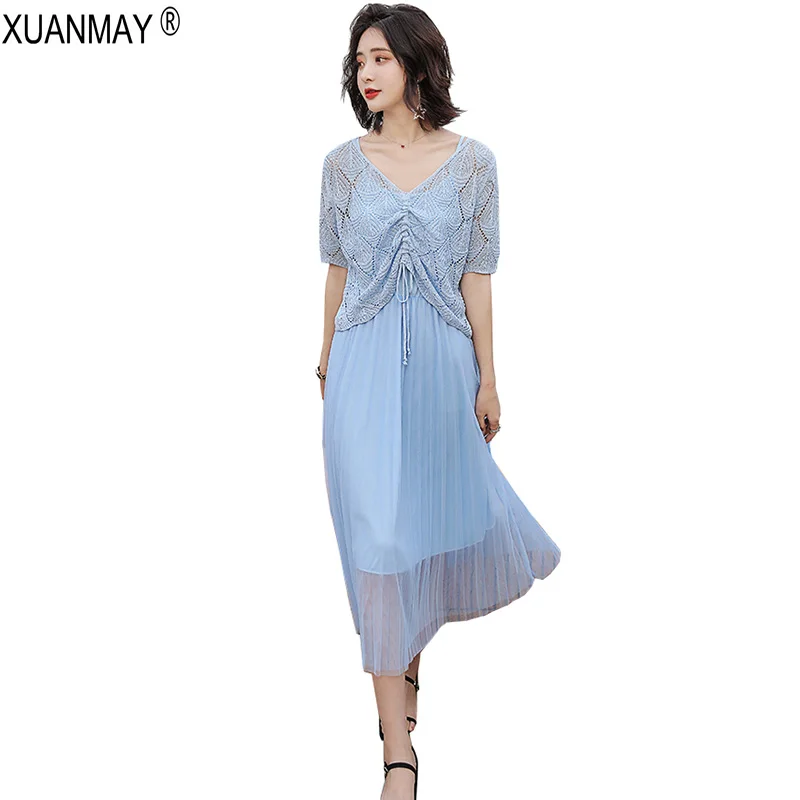 

Summer Chiffon Dress sky blue shawl sweater with Chiffon Strap Dress Two piece set 2019 New Summer Elegant Banquet Party Dress