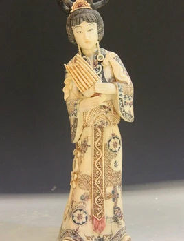 

China Cattle Bone Pure Handmade Carved Palace maid Ladies girl play music Statue