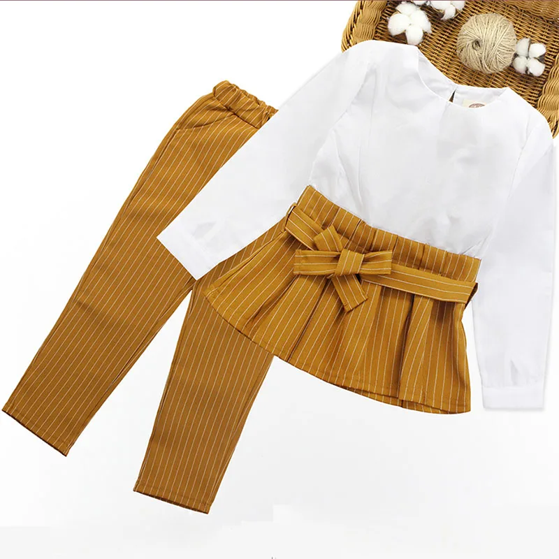 

Fashion Girl Clothes 2019 Autumn Spring Girls Clothing Sets Long Sleeve Bow Belt Tops+Stripe Pants 2pcs Kids Suits