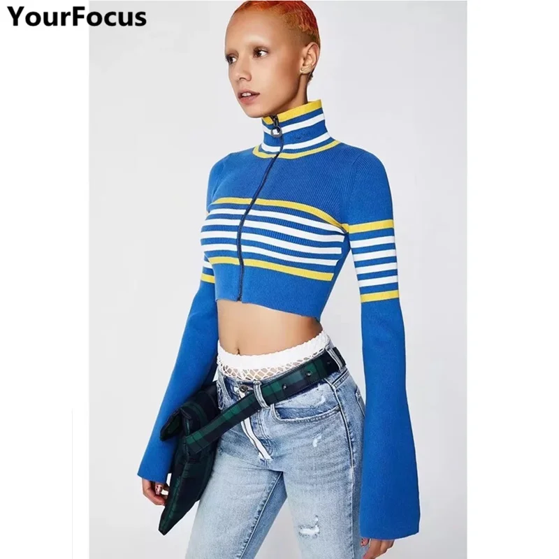 

Harajuku vintage retro rihanna casual slim flare sleeve turtleneck slim knitted zipper long sleeve crop cardigans sweater YQ-609