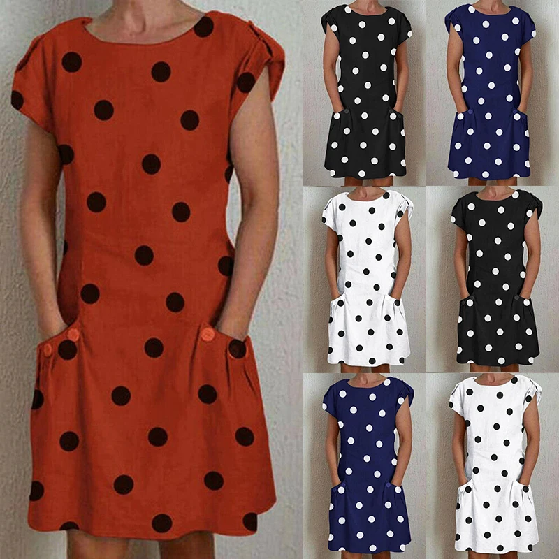 Hot Womens Popular Polka Dot Dress Short Sleeve Pocket Midi Dress Multicolor Casual Ladies Work Office Party Dress Crew Neck