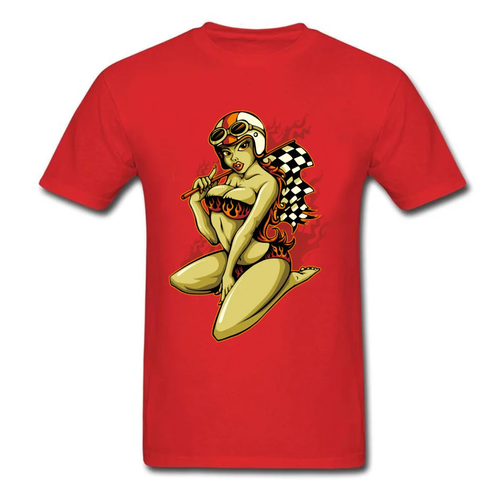 Printed On Tops & Tees Faddish O Neck comfortable Short Sleeve All Cotton Male T-shirts Personalized Tees Free Shipping Hot Pin Up Girl with Racing Flag red