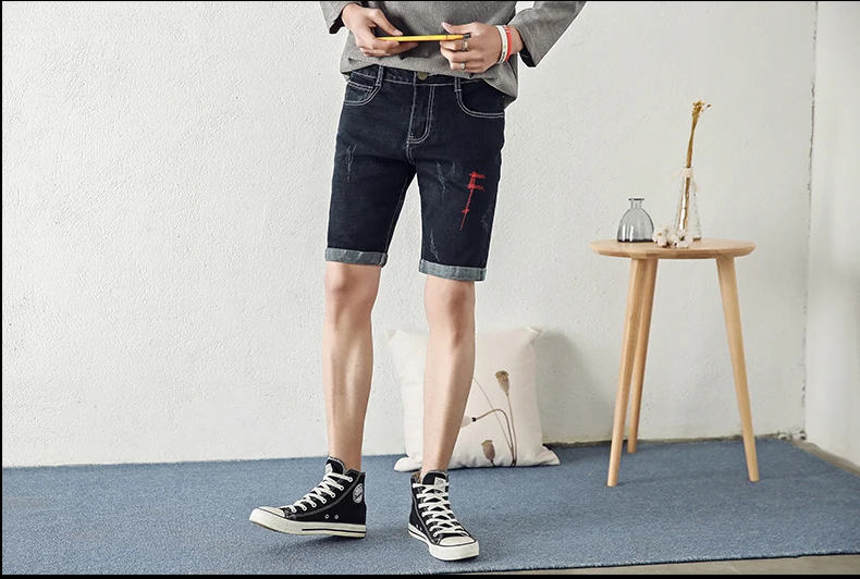 Новый летний 2019 для мужчин Премиум модный бренд вышивка повседневное летние джинсовые шорты s синий черный бутик джинсовые шорты для отдыха