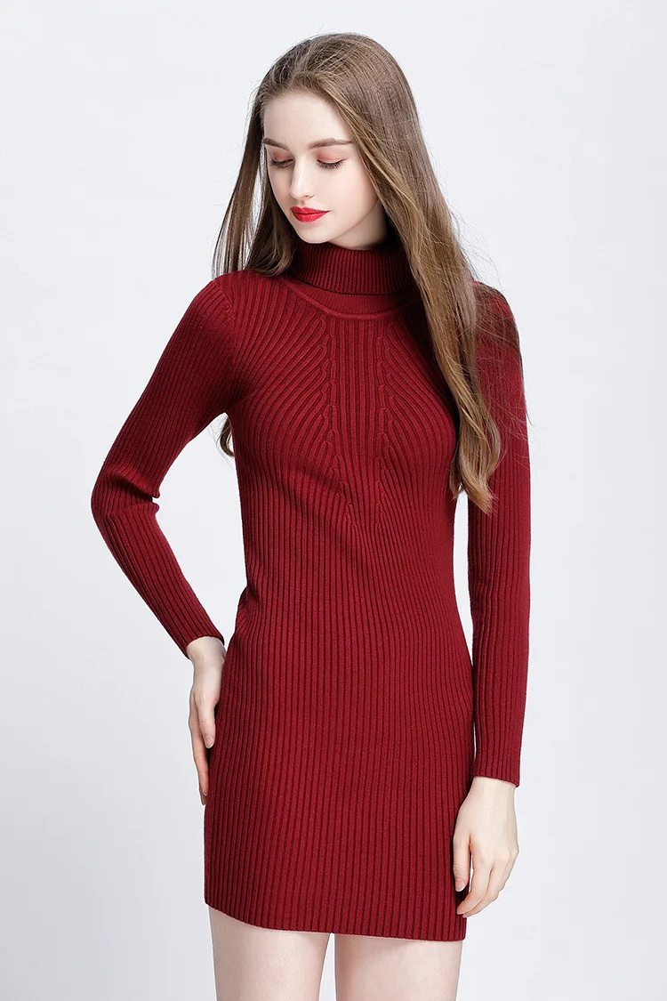 GIGOGOU Водолазка Теплый женский свитер платье мини тонкий осень зима теплый пуловер платья толстые трикотажные ребра женские платья