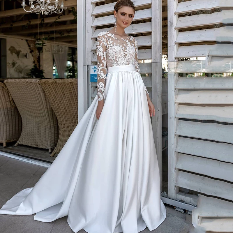 

2019 Elegant High Neck Chic Lace Ballgown Wedding Dresses Romantic Long Sleeves Stunning Satin Appliques Bridal Gowns AX175