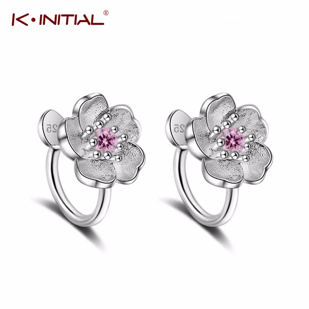 

Kinitial Silver Darling Cherry Flowers Earrings with Crystal for Girl Cute Ears Simple Chic Clip Earring Jewelry Non Piercing