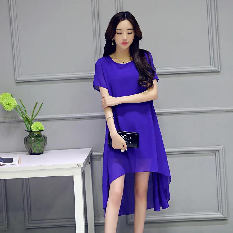 

Customize plus size female Bohemian beach casual double layer chiffon dress irregular O-Neck Hi Low dovetail dresses 120 colors